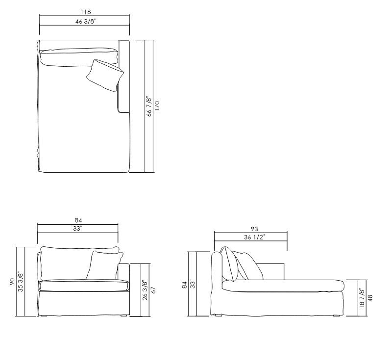 CHAISE DIR/ESQ 118 CM PARKA